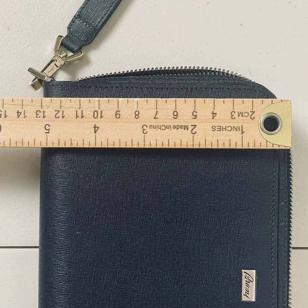Brioni Blue‎ Saffiano Leather Double Zip Wallet Wristlet Italy Luxury Organizer